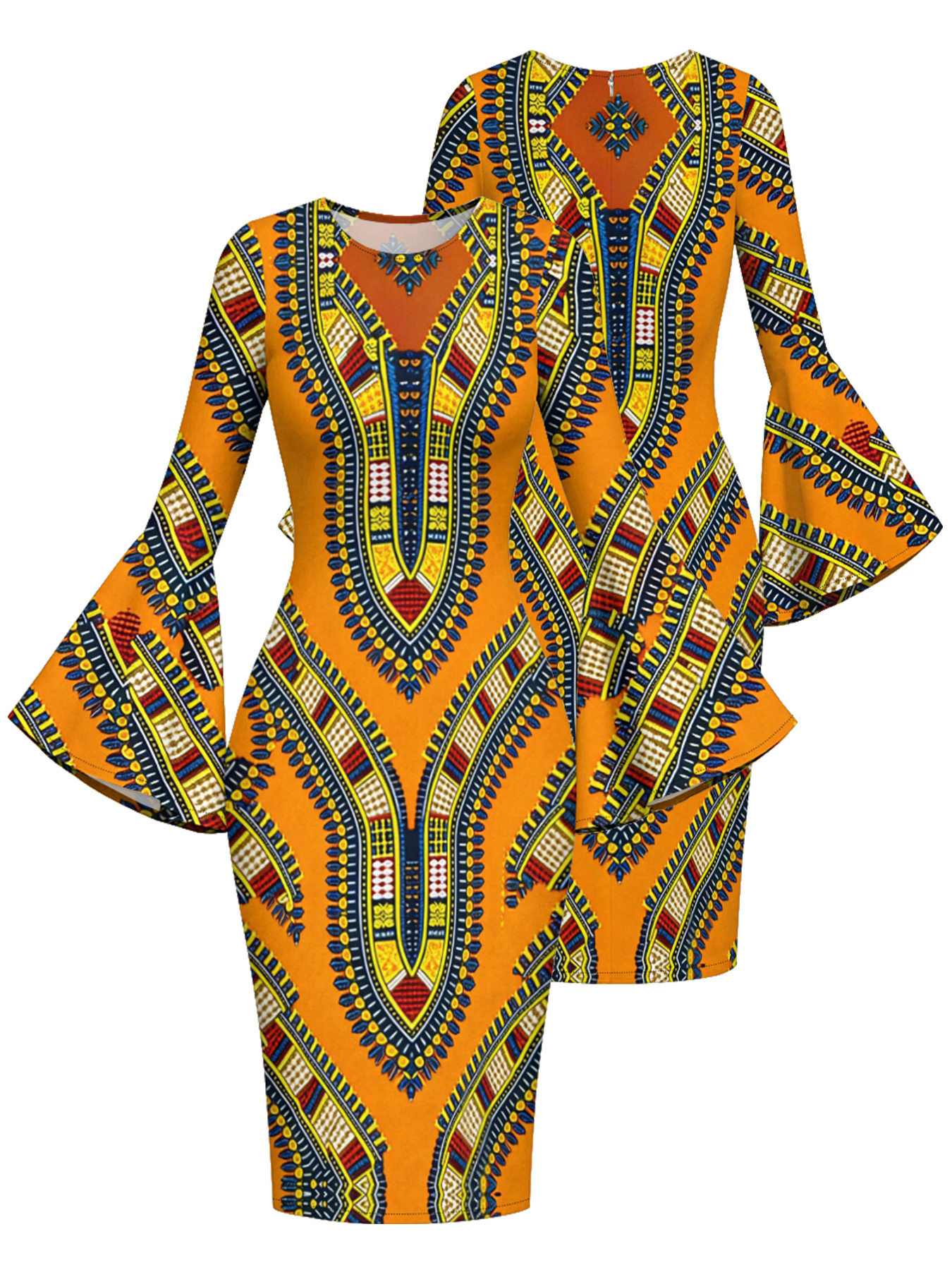 African Tribal Flare Sleeve Bodycon Midi Dress IOJ85689
