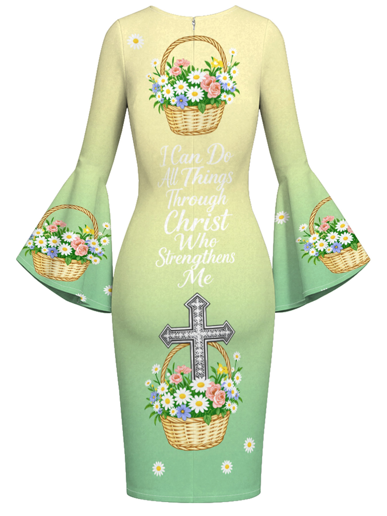 Christian Floral Basket Cross Flare Sleeve Bodycon Midi Dress