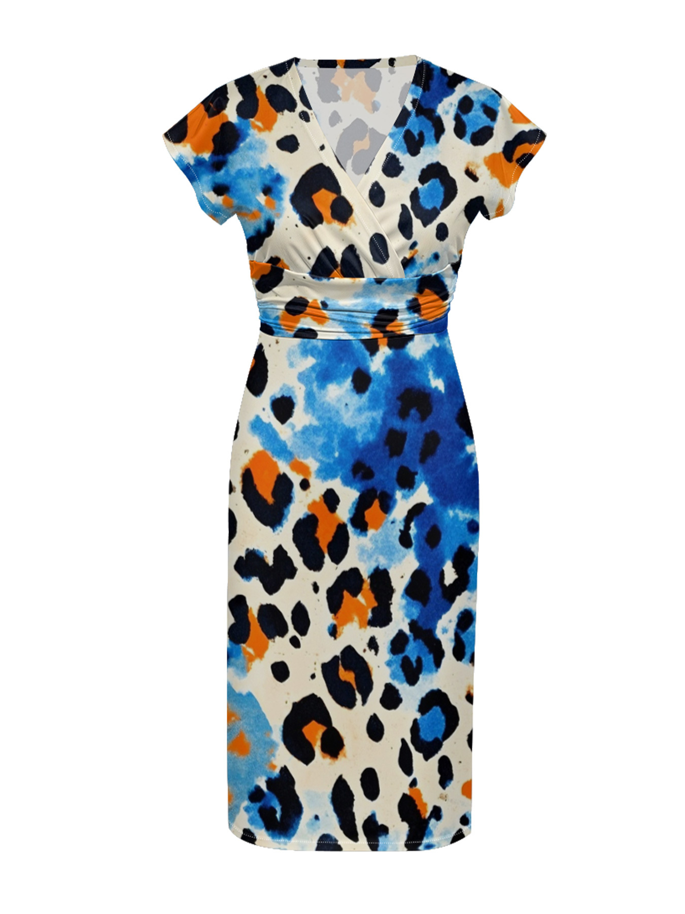 Multicolor Watercolor Cap Sleeve V-Neck Midi Dress MPH45