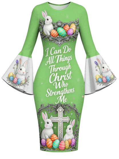 Fresh Green Easter Bunny Cross Easter Flare Sleeve Bodycon Midi Dress