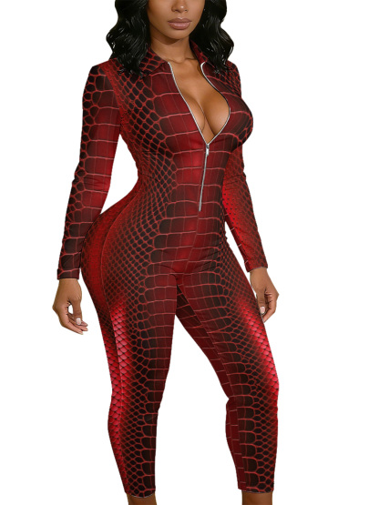 Red Snake Skin Long Sleeve Zip-Up Jumpsuit 