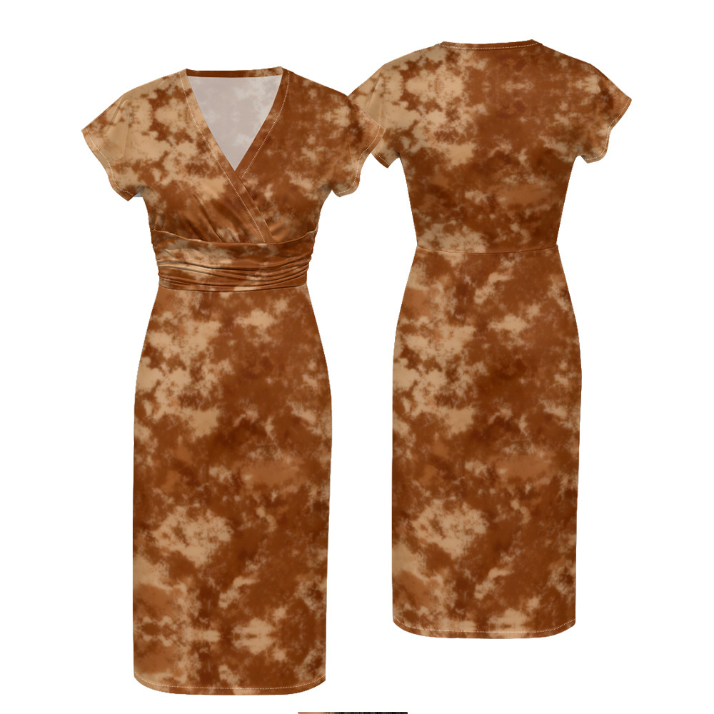 Brown Tie-Dye Cap Sleeve V-Neck Midi Dress GKPT291