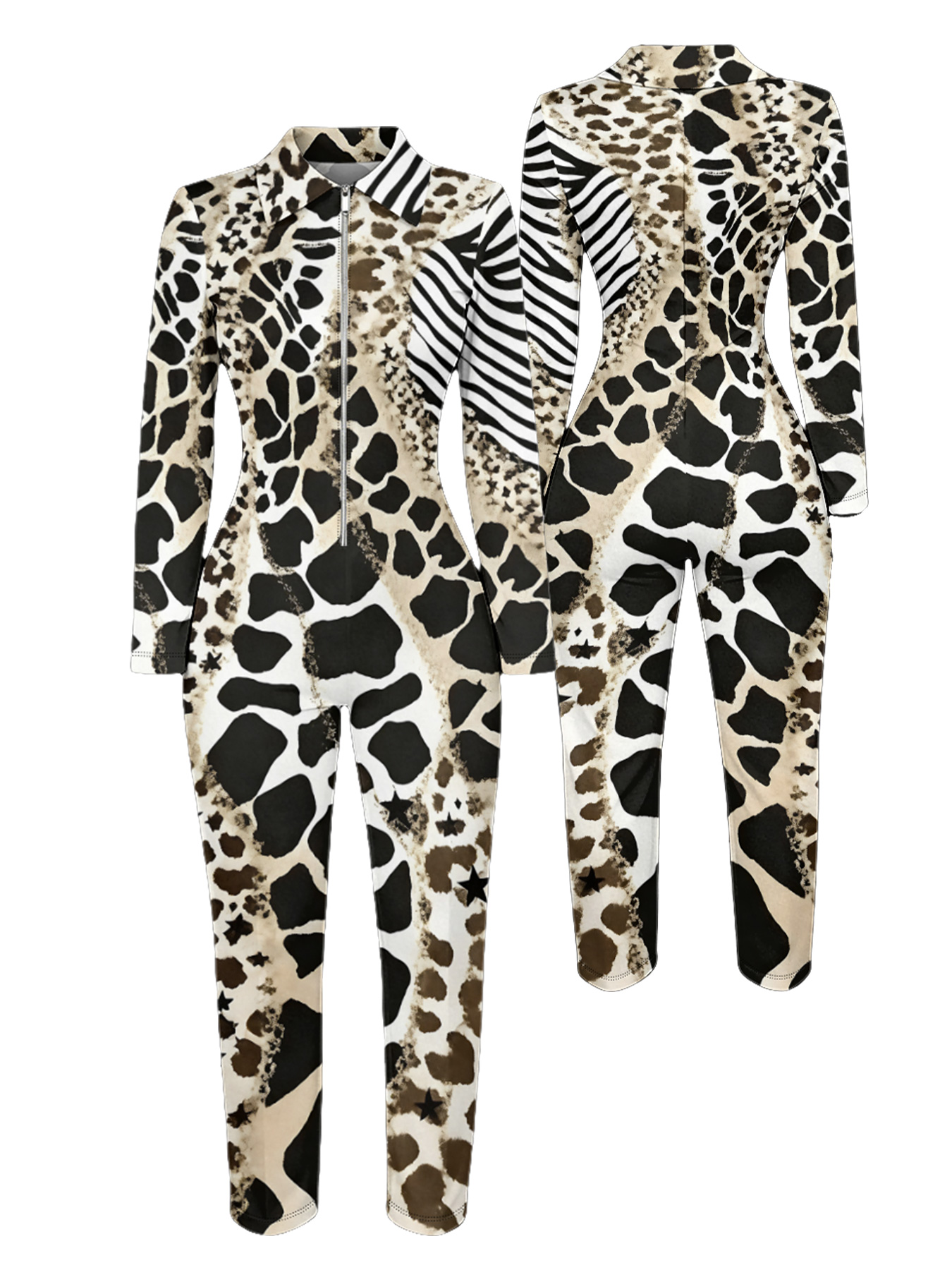 Safari Giraffe Long Sleeve Zip-Up Jumpsuit 