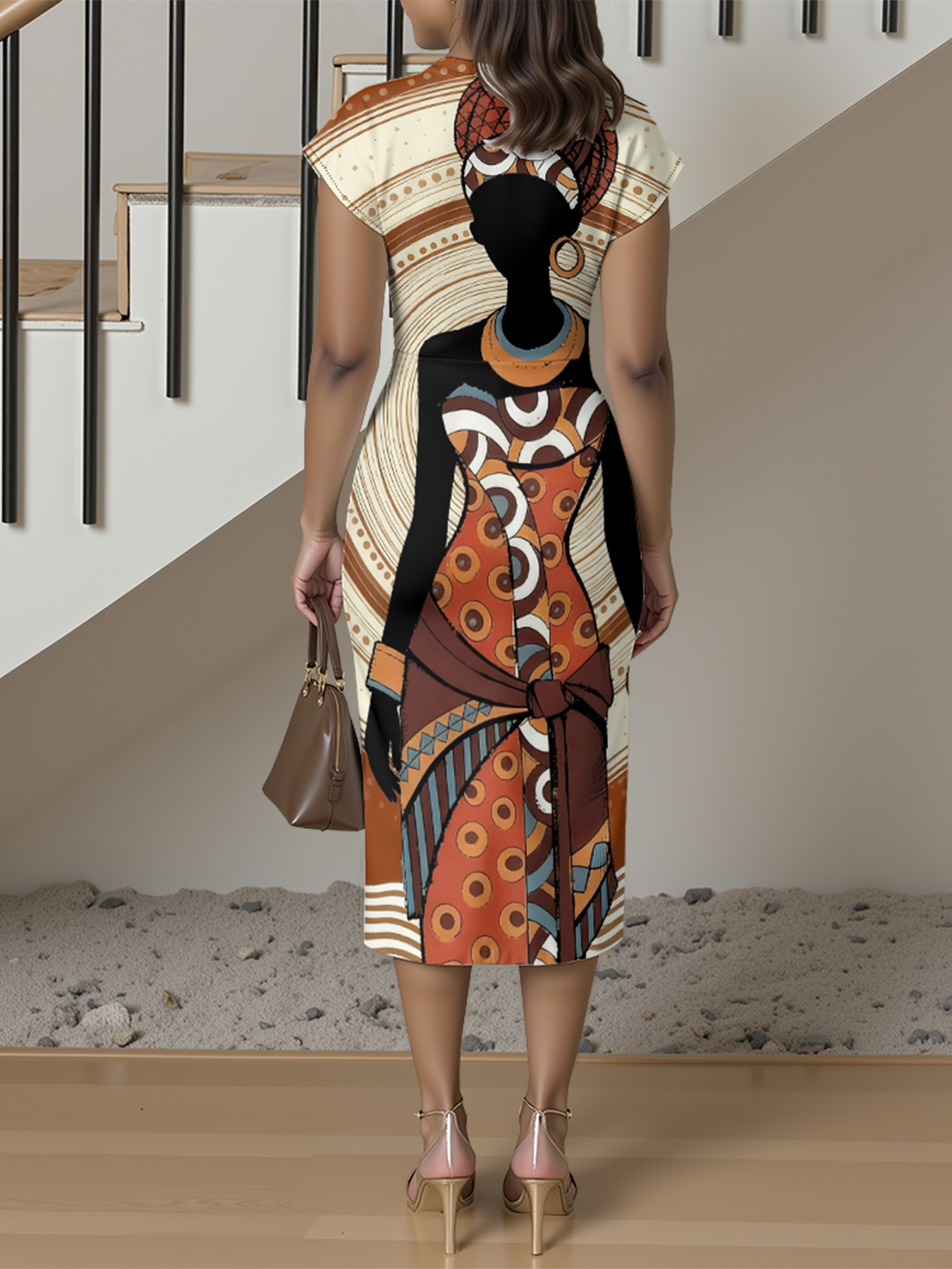 African Print Cap Sleeve V-Neck Midi Dress IJG7685