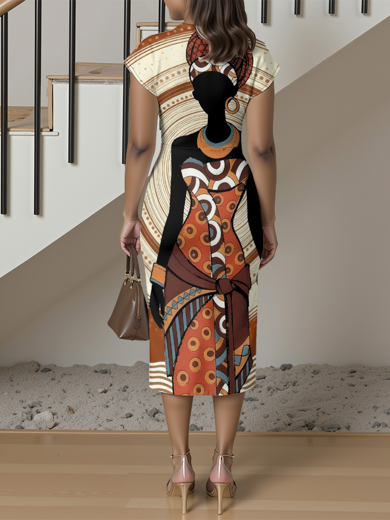 African Print Cap Sleeve V-Neck Midi Dress IJG7685