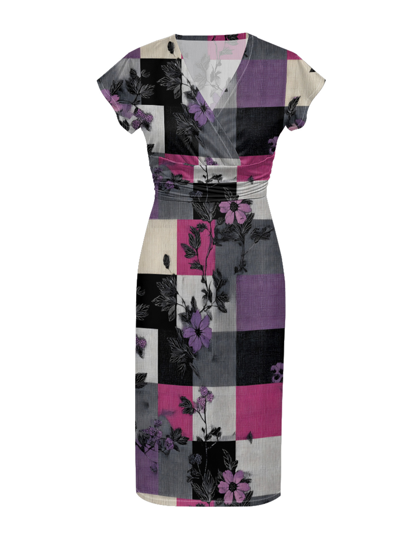 Pink & Purple Floral Plaid Patchwork Cap Sleeve V-Neck Midi Dress IUOP061