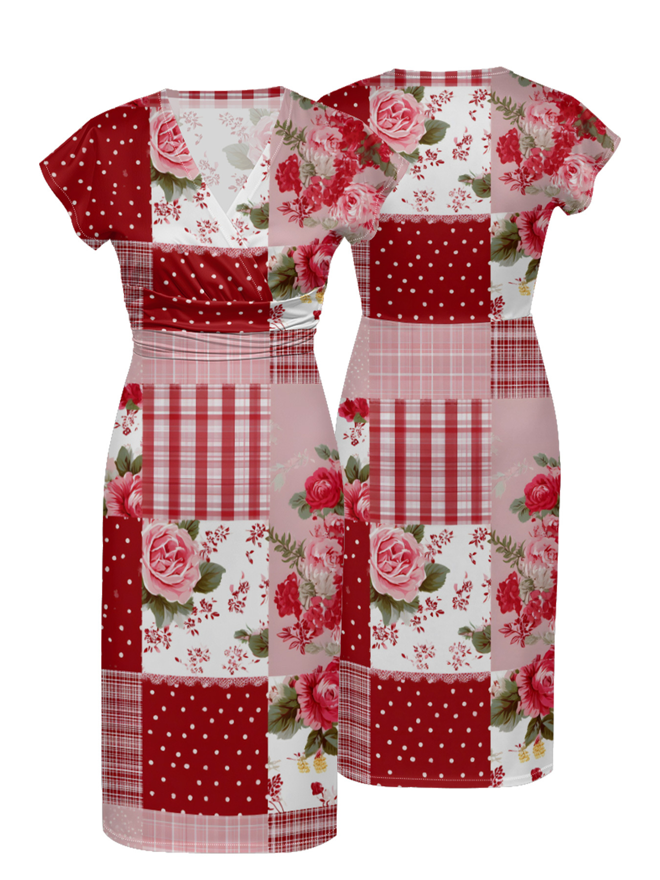 Red & Pink Rose Patchwork Cap Sleeve V-Neck Midi Dress IUO0121