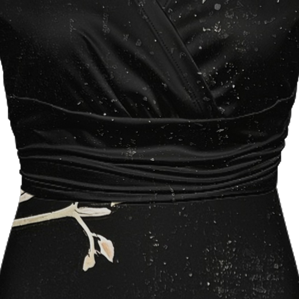 Black Floral Cap Sleeve V-Neck Midi Dress CEGK826