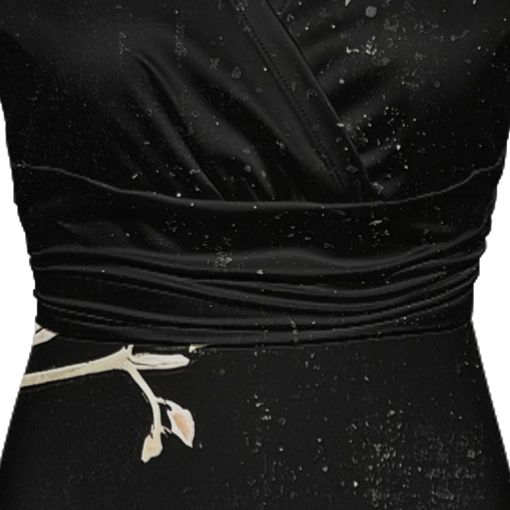 Black Floral Cap Sleeve V-Neck Midi Dress CEGK826