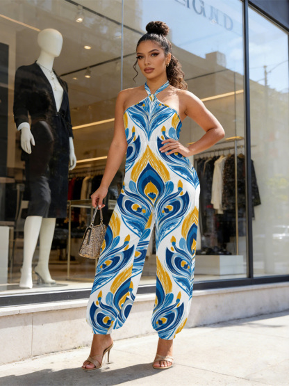 Peacock Feather Sleeveless Halter Jumpsuit