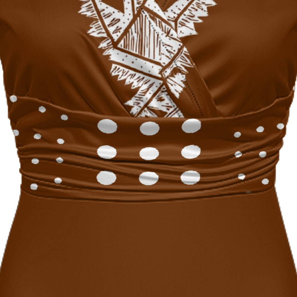 Terracotta White Tribal Cap Sleeve V-Neck Midi Dress