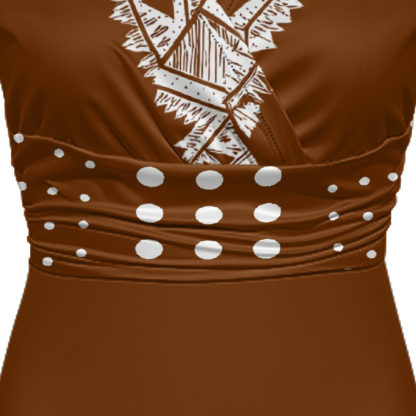 Terracotta White Tribal Cap Sleeve V-Neck Midi Dress