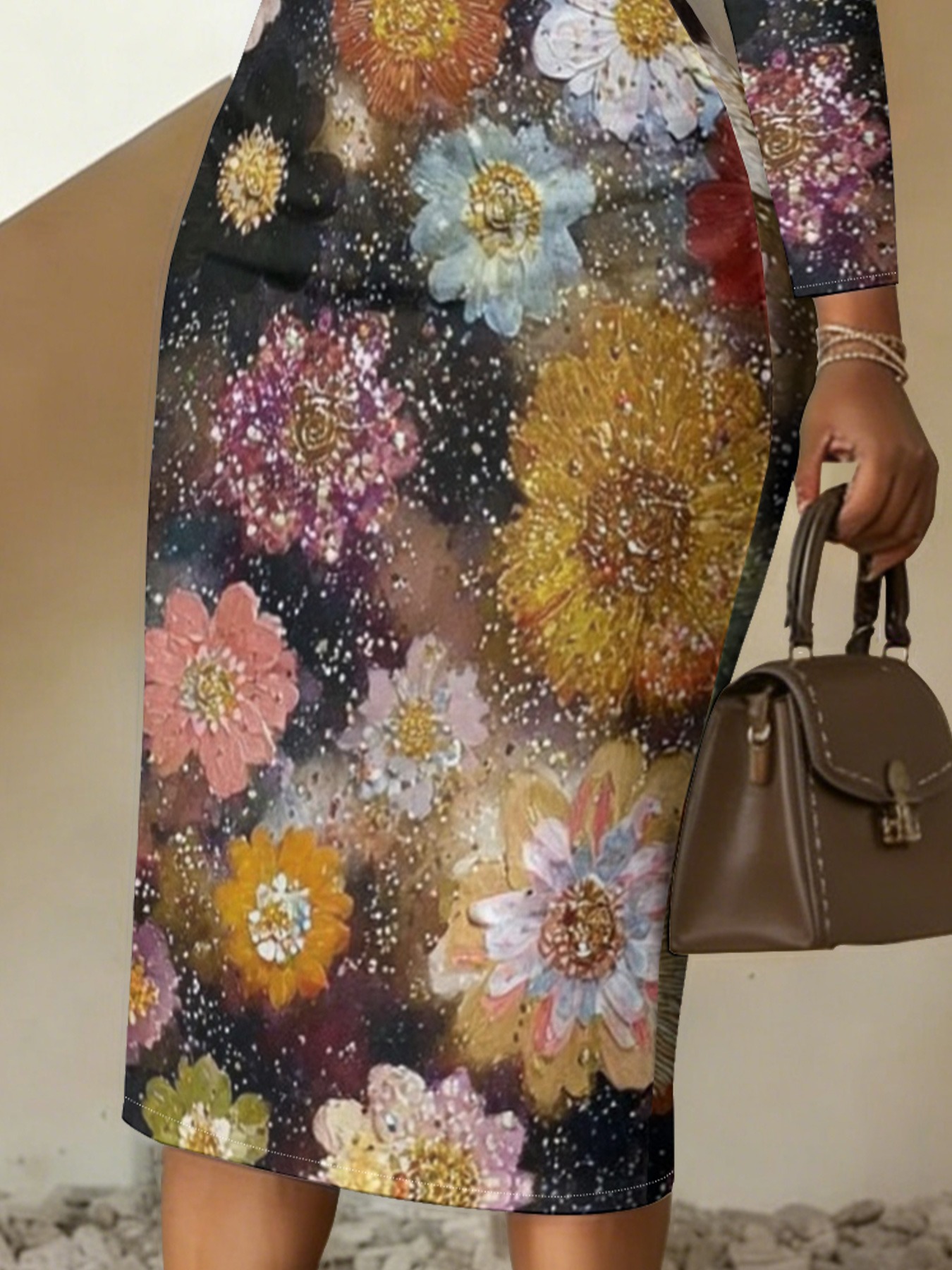 Vintage Floral Oil  V-Neck Bodycon Midi Dress NXR2519