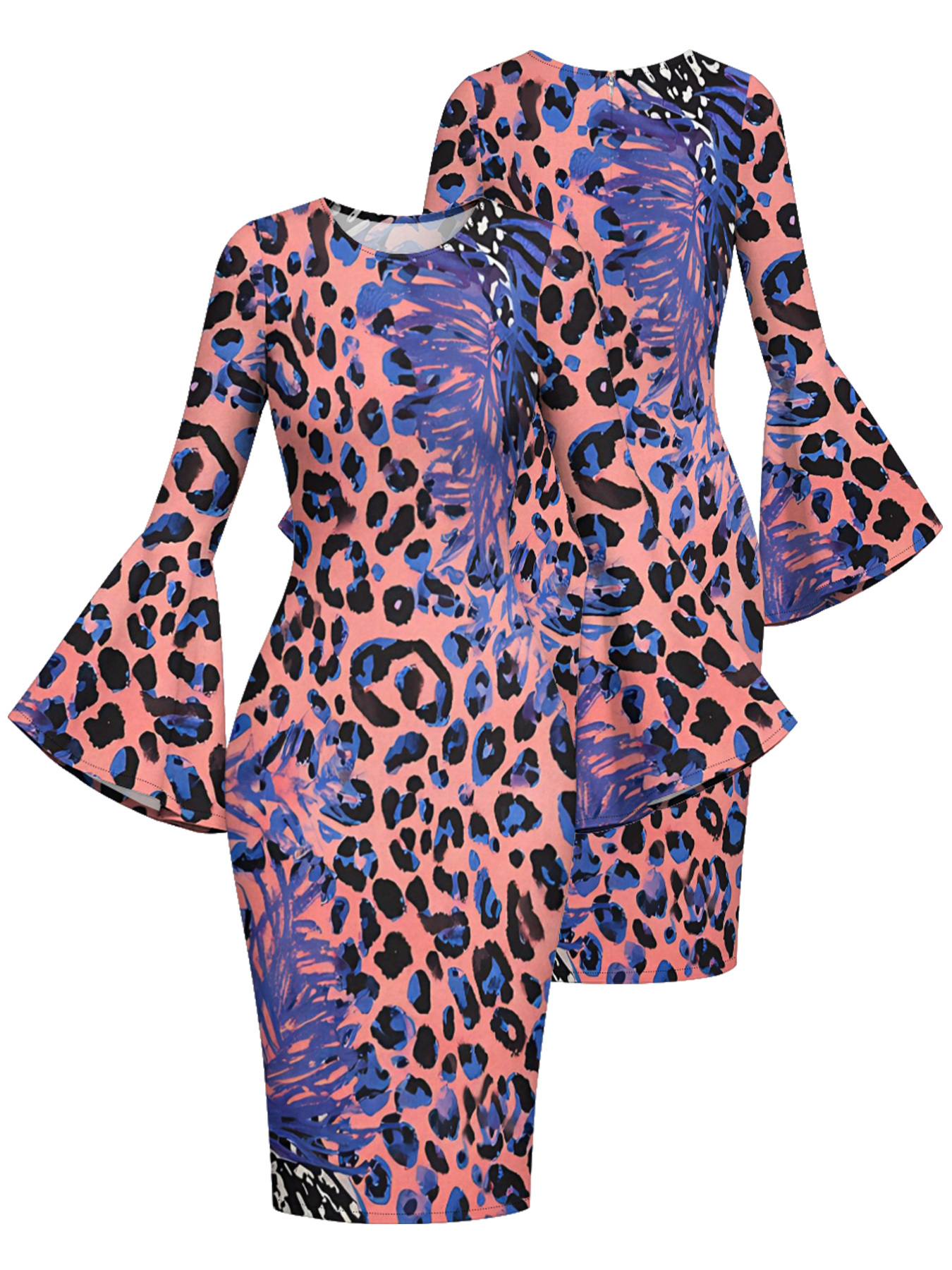 Pink Blue Watercolor Leopard Flare Sleeve Bodycon Midi Dress STU6918