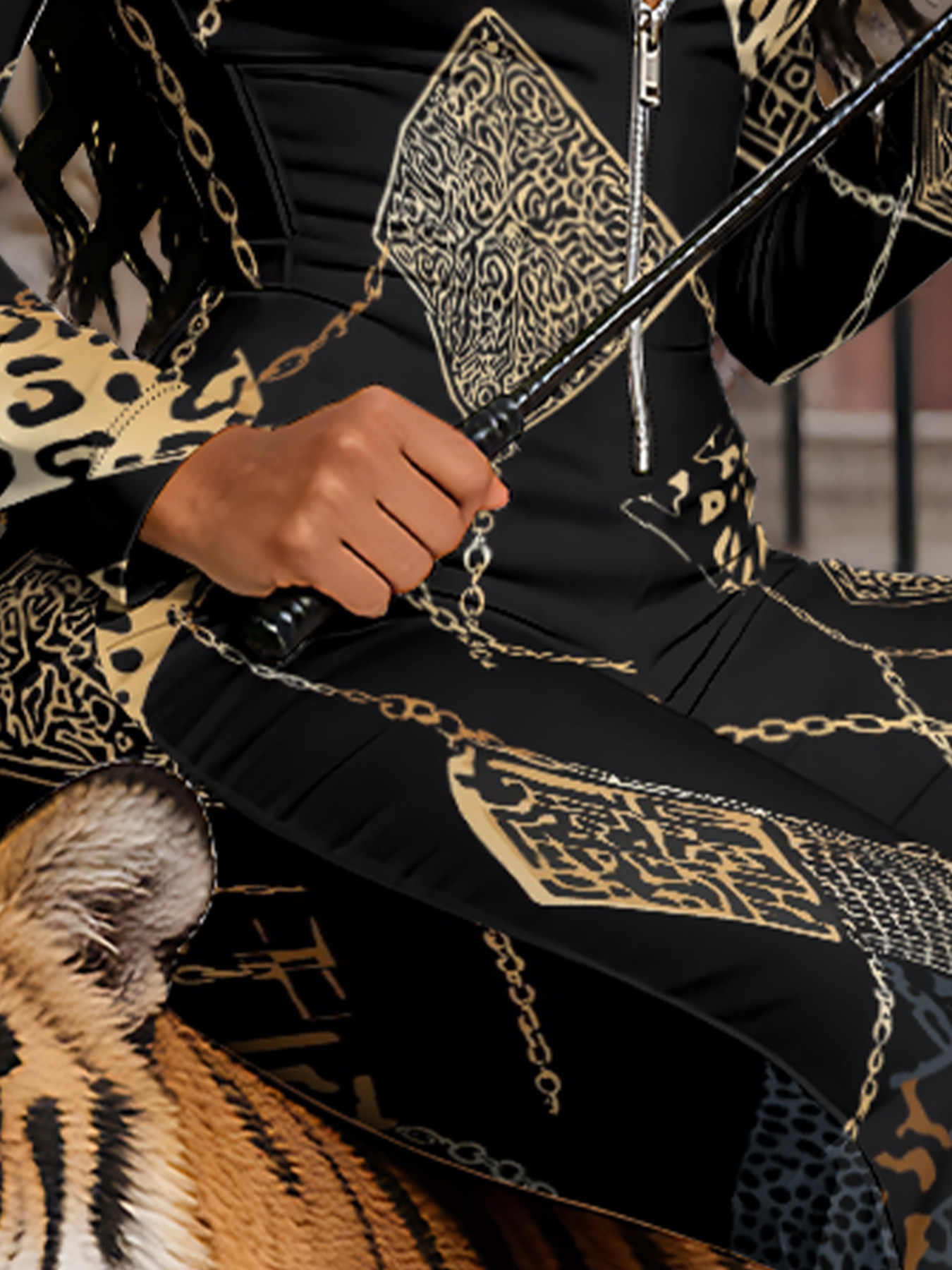 Black Leopard & Gold Chain Long Sleeve Zip-Up Jumpsuit LKJ014