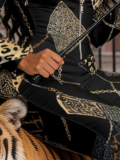 Black Leopard & Gold Chain Long Sleeve Zip-Up Jumpsuit LKJ014