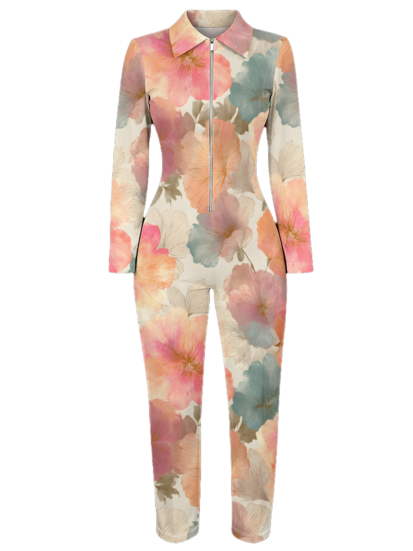 Watercolor Floral Long Sleeve Zip-Up Jumpsuit