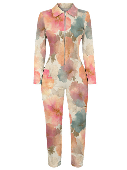 Watercolor Floral Long Sleeve Zip-Up Jumpsuit
