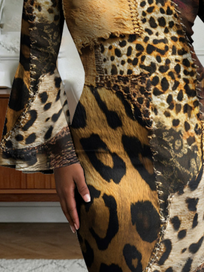Leopard Patchwork Flare Sleeve Bodycon Midi Dress