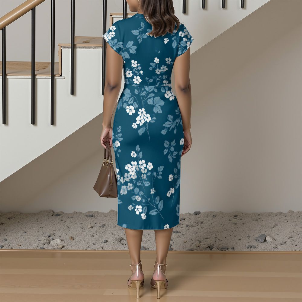 Teal & White Floral Cap Sleeve V-Neck Midi Dress ADG148