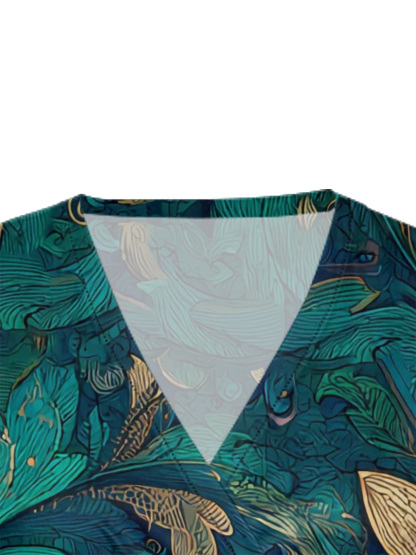 Teal & Gold Botanical Cap Sleeve V-Neck Midi Dress
