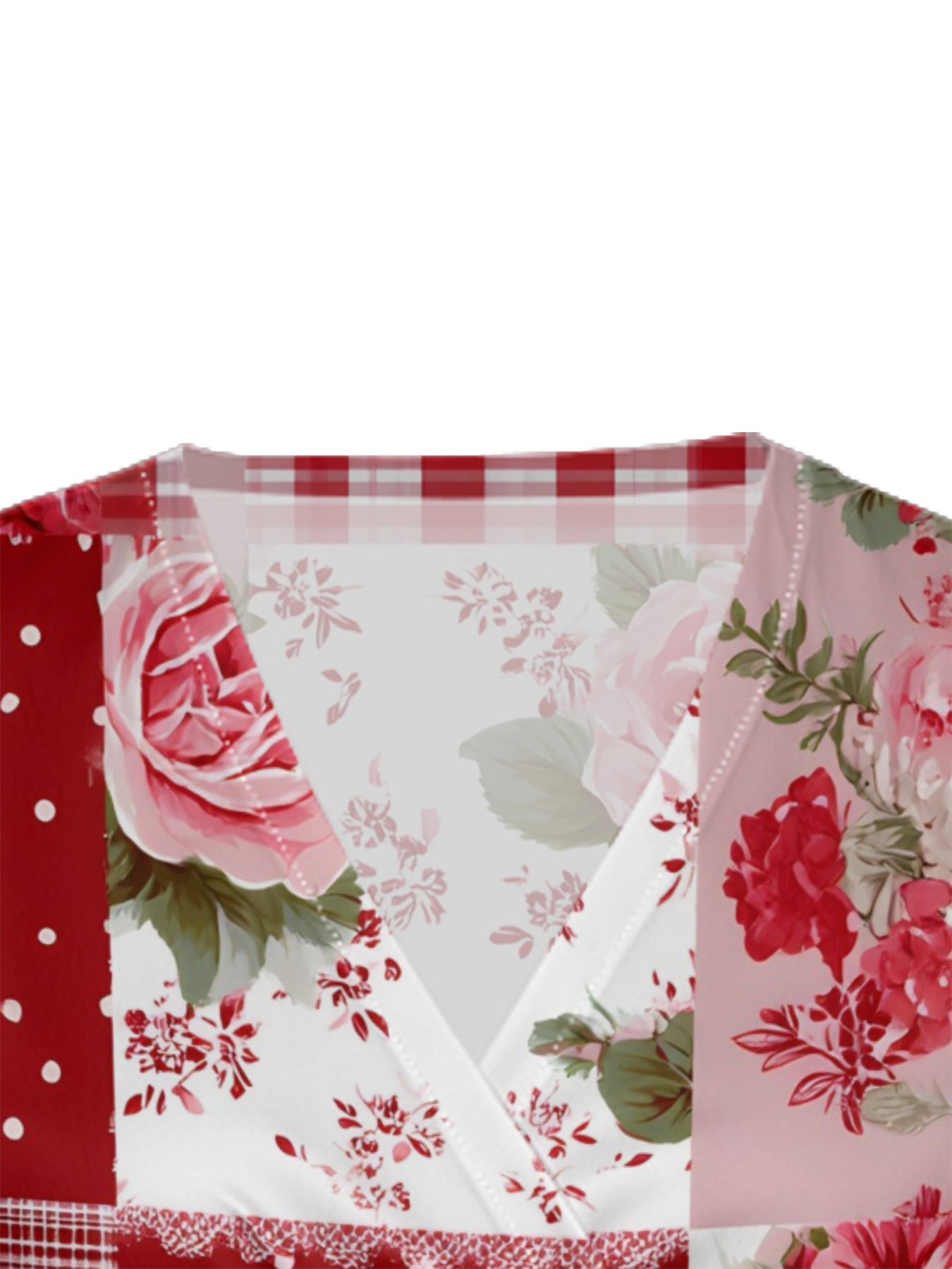 Red & Pink Rose Patchwork Cap Sleeve V-Neck Midi Dress IUO0121