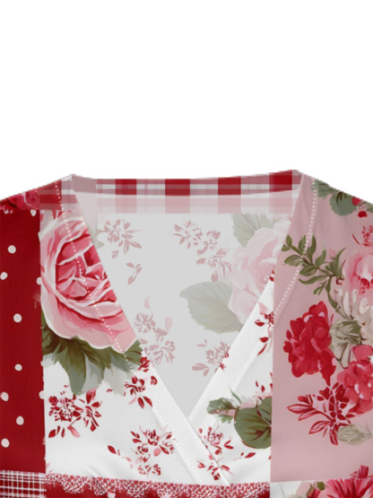 Red & Pink Rose Patchwork Cap Sleeve V-Neck Midi Dress IUO0121