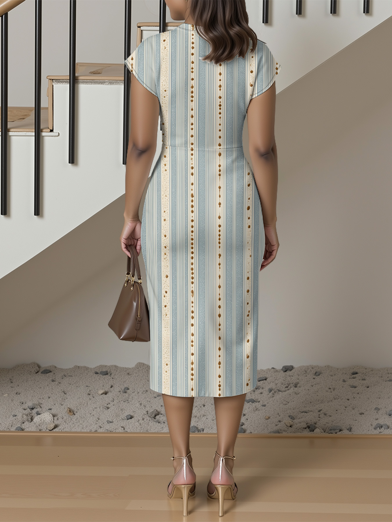 Light Blue & Beige Dotted Cap Sleeve V-Neck Midi Dress