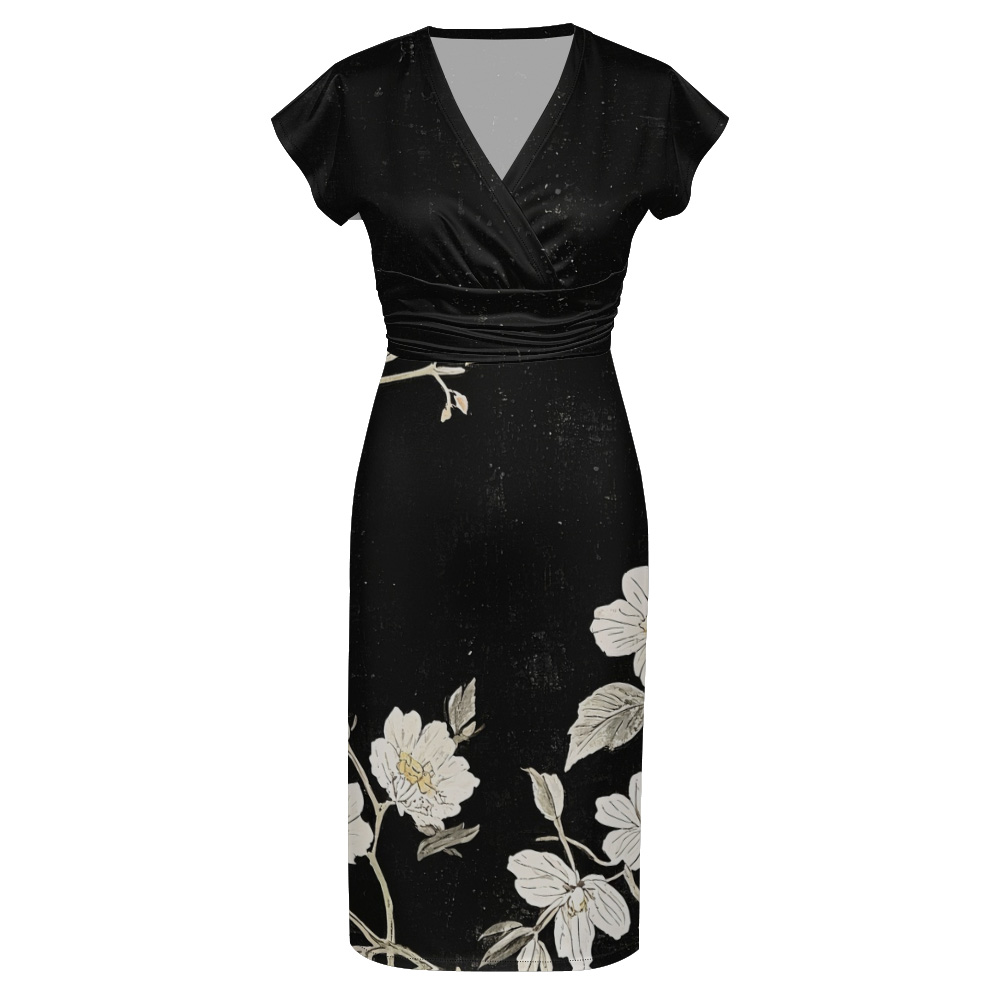Black Floral Cap Sleeve V-Neck Midi Dress CEGK826