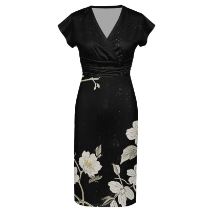 Black Floral Cap Sleeve V-Neck Midi Dress CEGK826