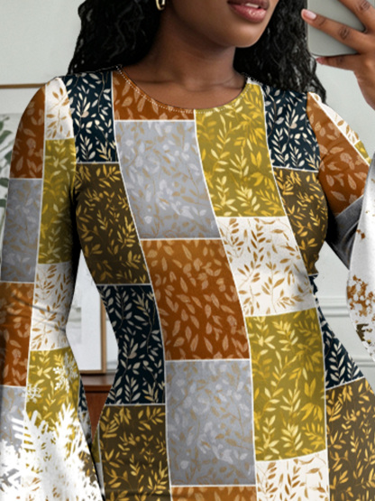 Autumn Patchwork Snowflake Flare Sleeve Bodycon Midi Dress