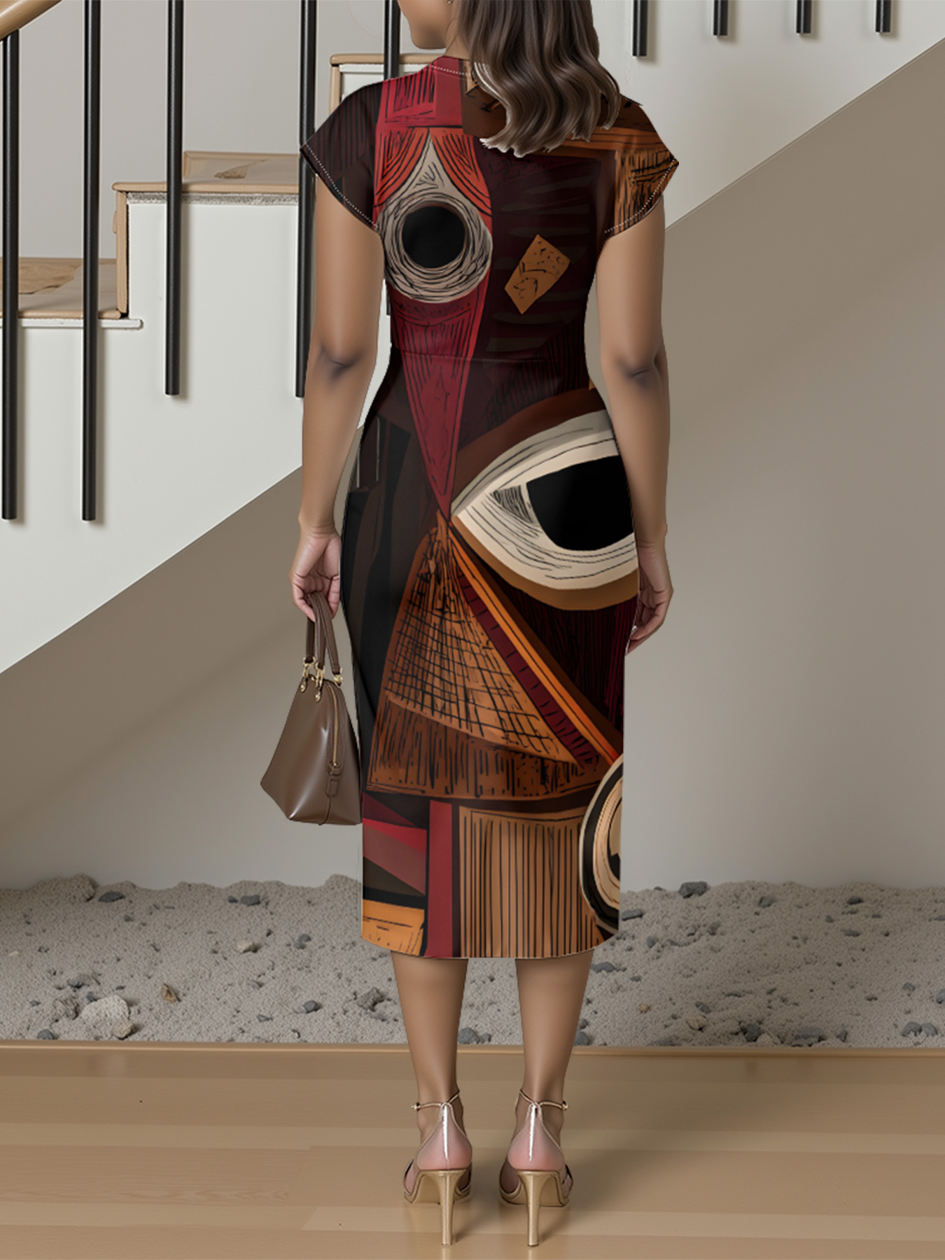 Retro Abstract Cap Sleeve V-Neck Midi Dress