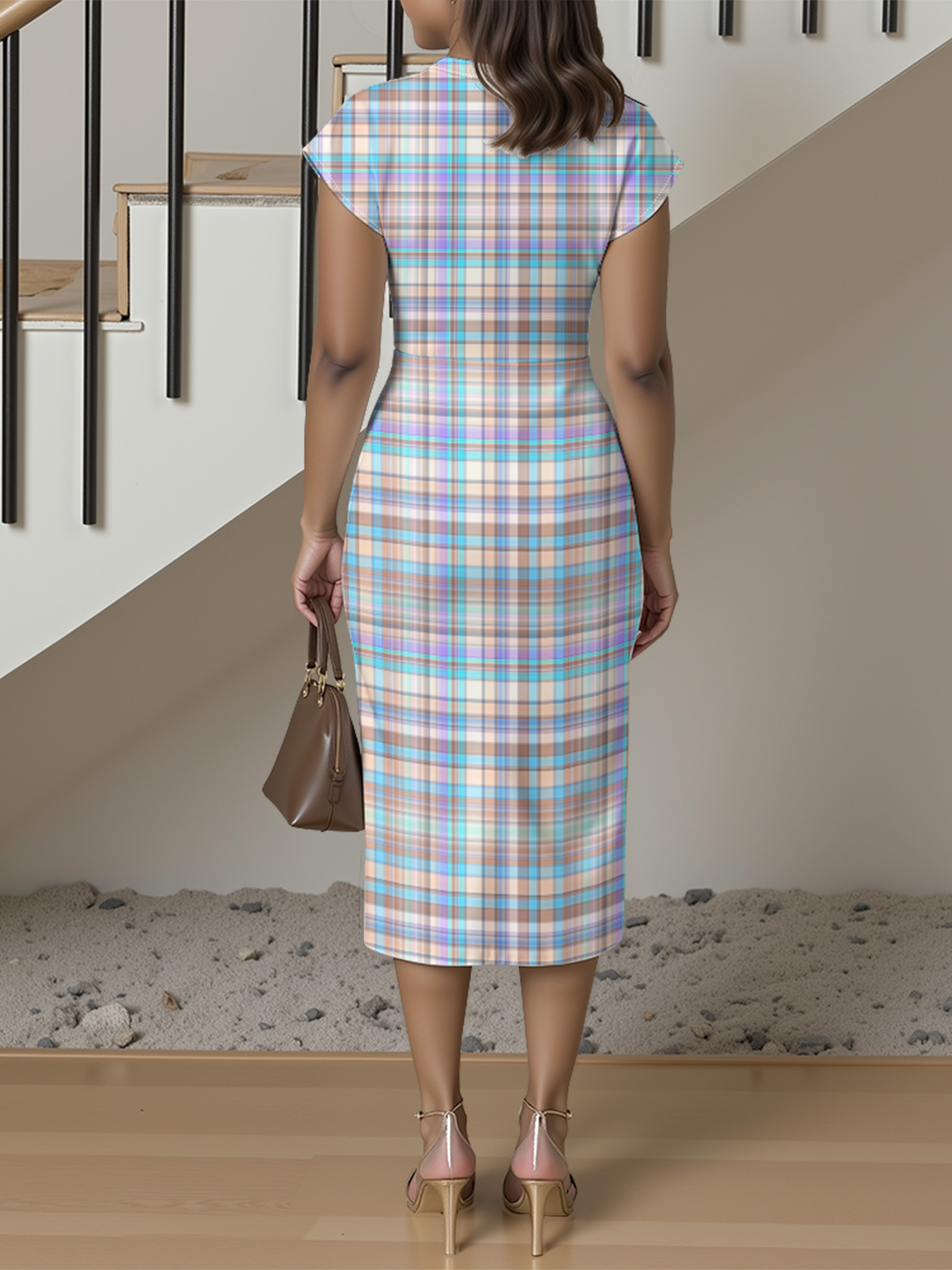 Pastel Plaid Cap Sleeve V-Neck Midi Dress