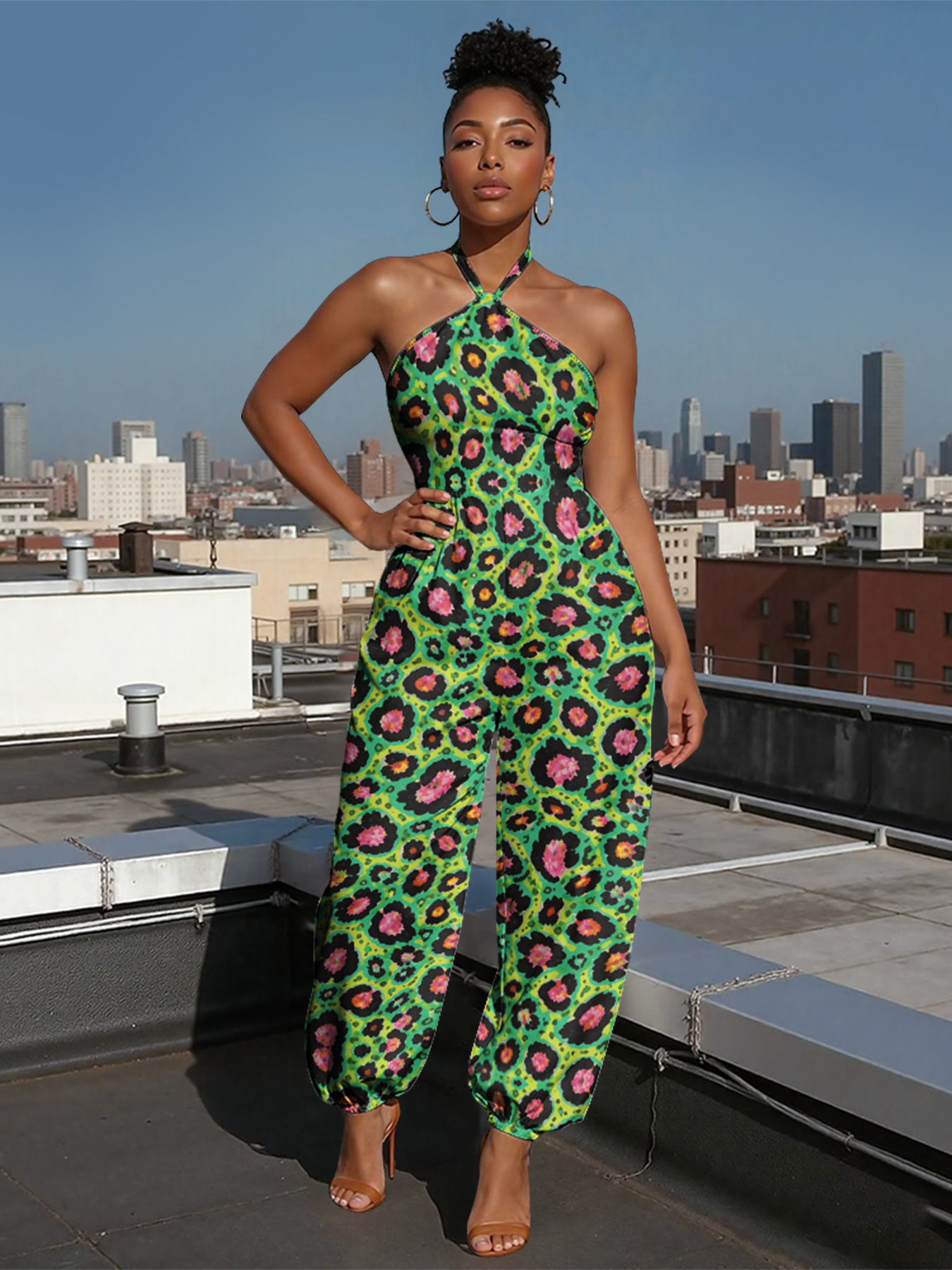 Green Neon Leopard Sleeveless Halter Jumpsuit