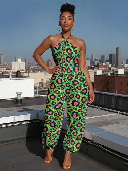 Green Neon Leopard Sleeveless Halter Jumpsuit