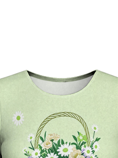 Light Green Floral Basket Cross Easter Flare Sleeve Bodycon Midi Dress