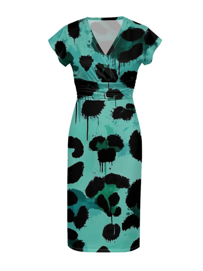 Mint & Black Abstract Ink Wrap Cap Sleeve V-Neck Midi Dress IUYU811