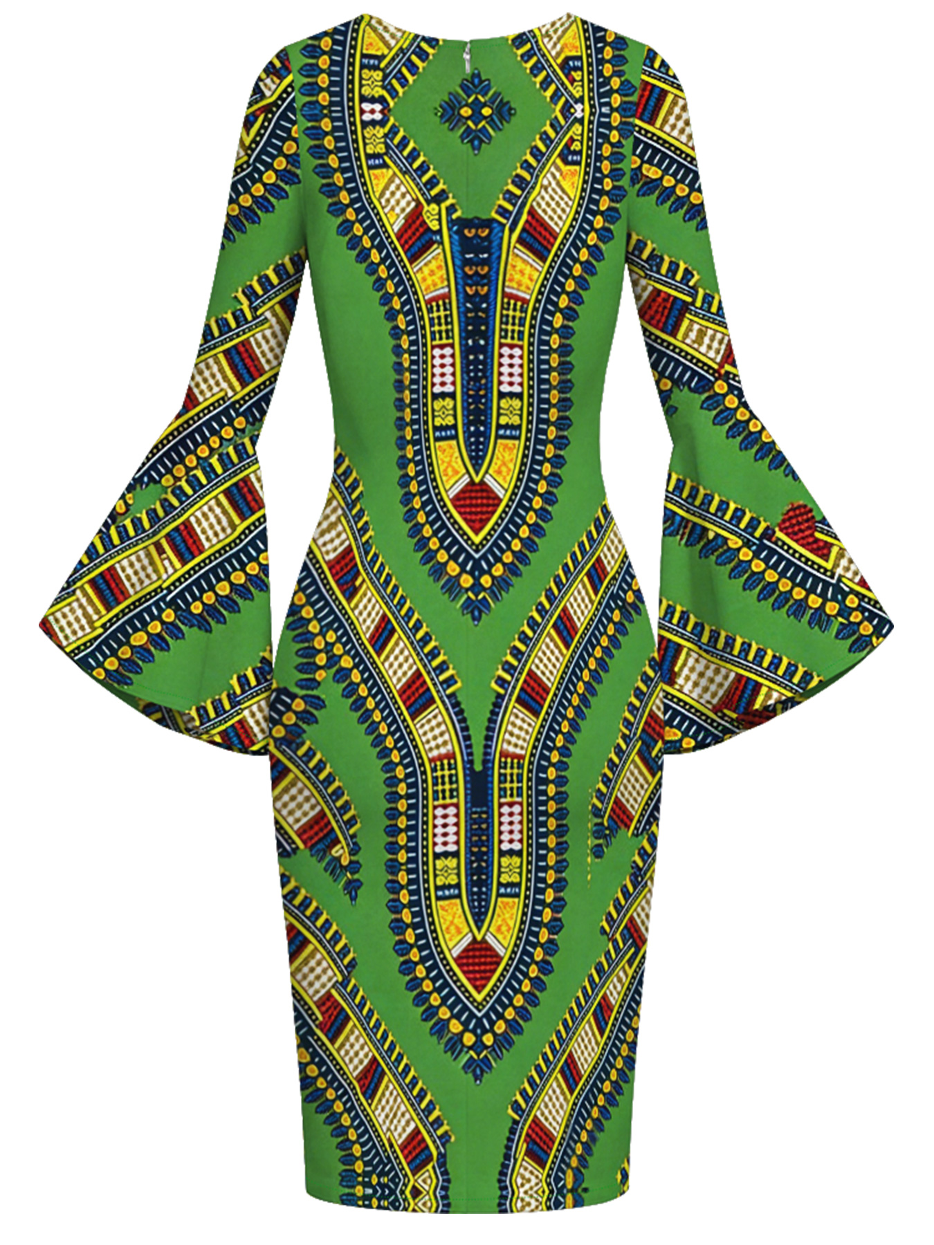 Green Dashiki Print Bell Flare Sleeve Bodycon Midi Dress