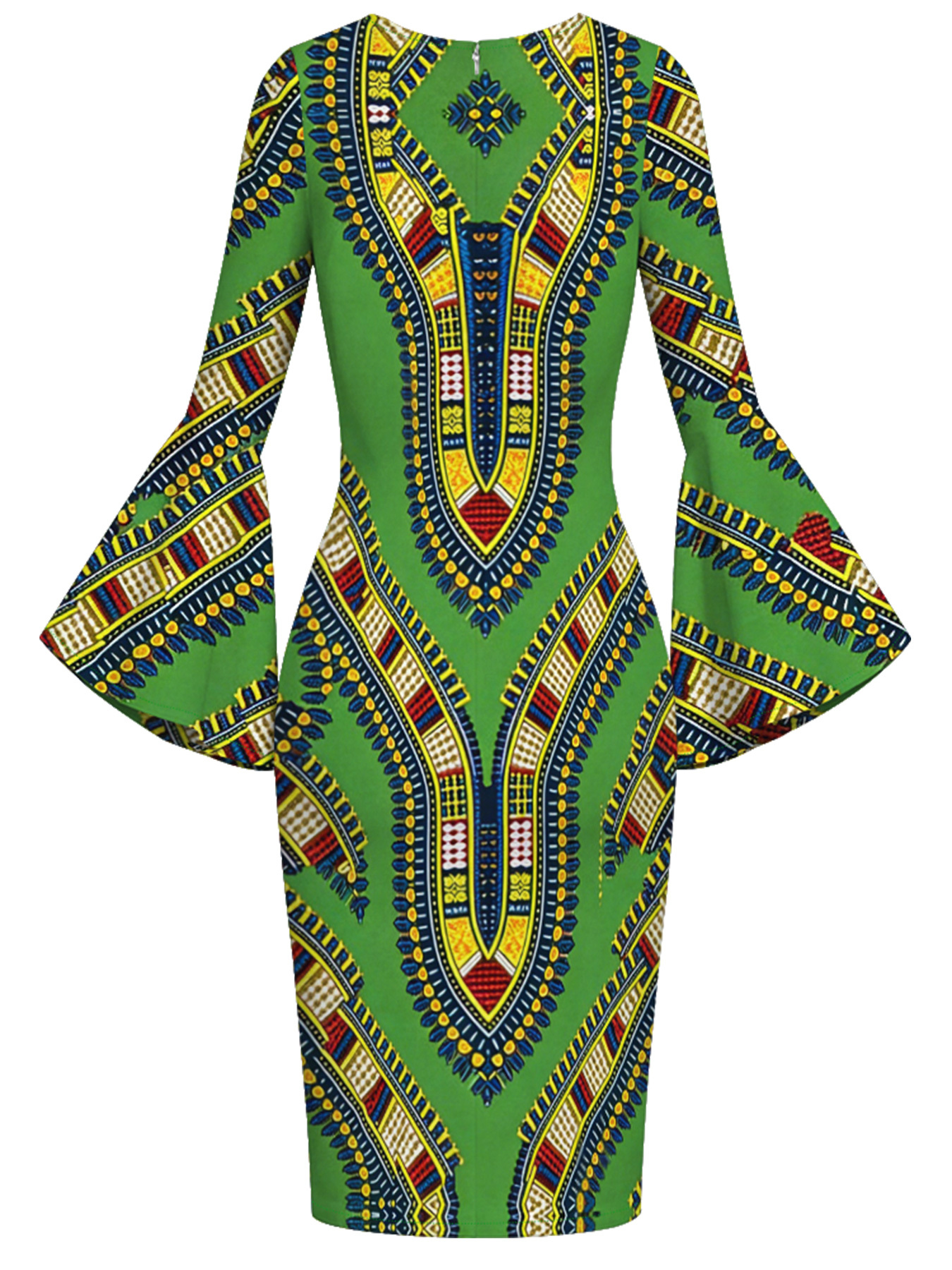 Green Dashiki Print Bell Flare Sleeve Bodycon Midi Dress