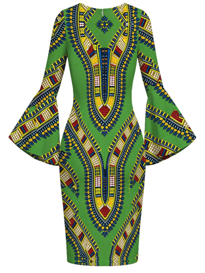 Green Dashiki Print Bell Flare Sleeve Bodycon Midi Dress