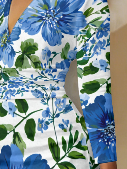 Blue Watercolor Floral V-Neck Bodycon Midi Dress RVJ3927