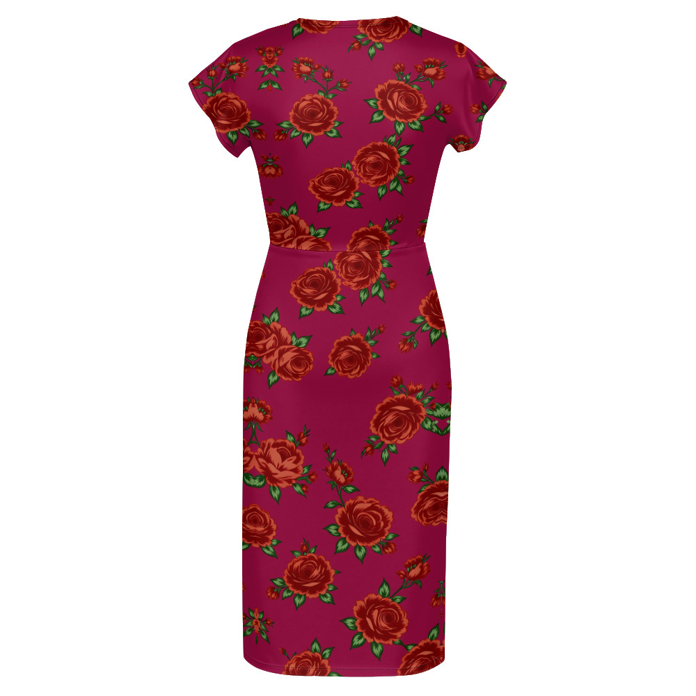 Fuchsia Red Rose Cap Sleeve V-Neck Midi Dress AGI420
