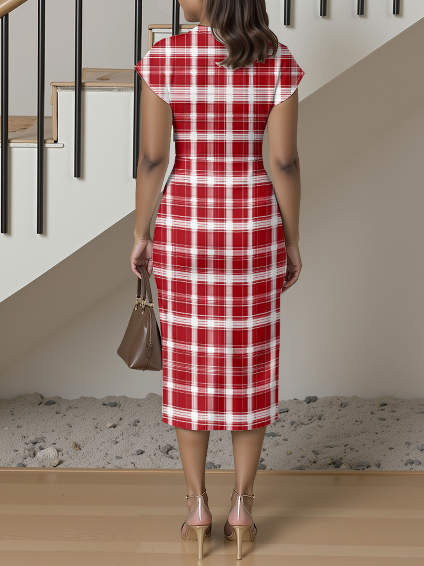 Red Plaid Cap Sleeve V-Neck Midi Dress