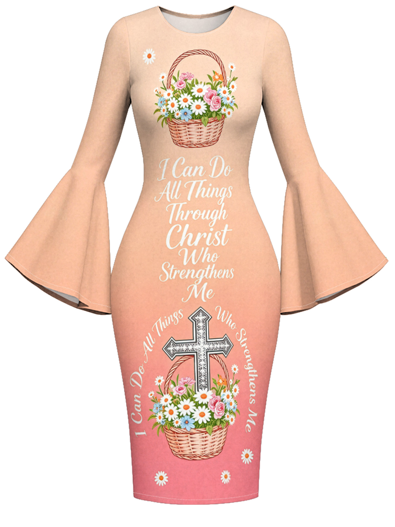 Peach-Pink Floral Basket Cross Easter Flare Sleeve Bodycon Midi Dress