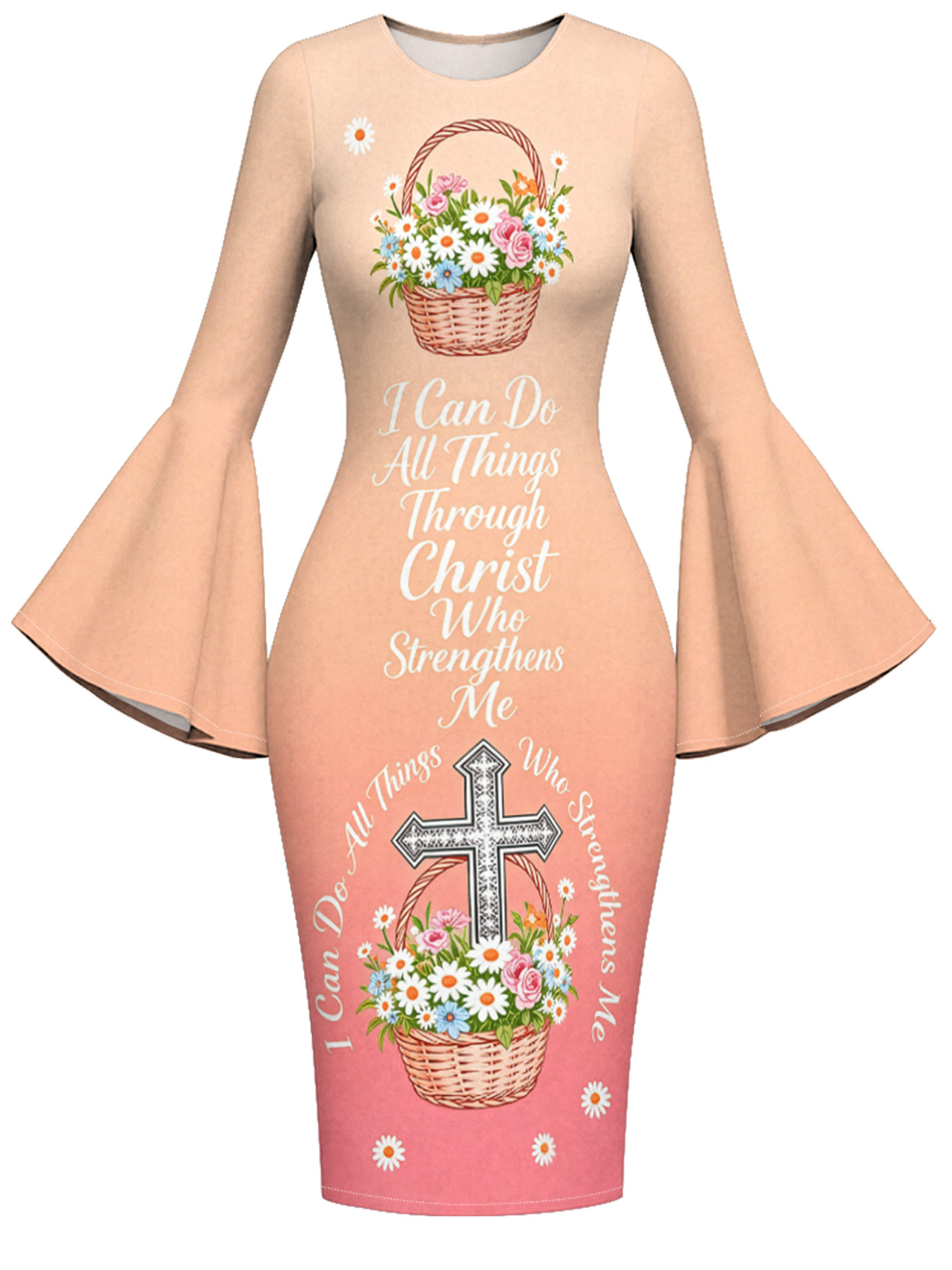 Peach-Pink Floral Basket Cross Easter Flare Sleeve Bodycon Midi Dress