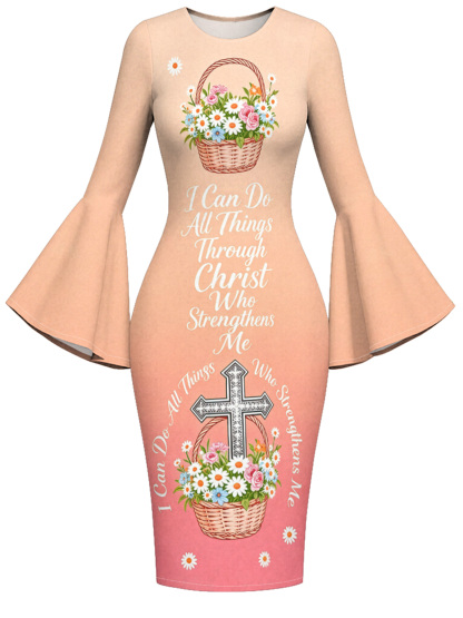 Peach-Pink Floral Basket Cross Easter Flare Sleeve Bodycon Midi Dress