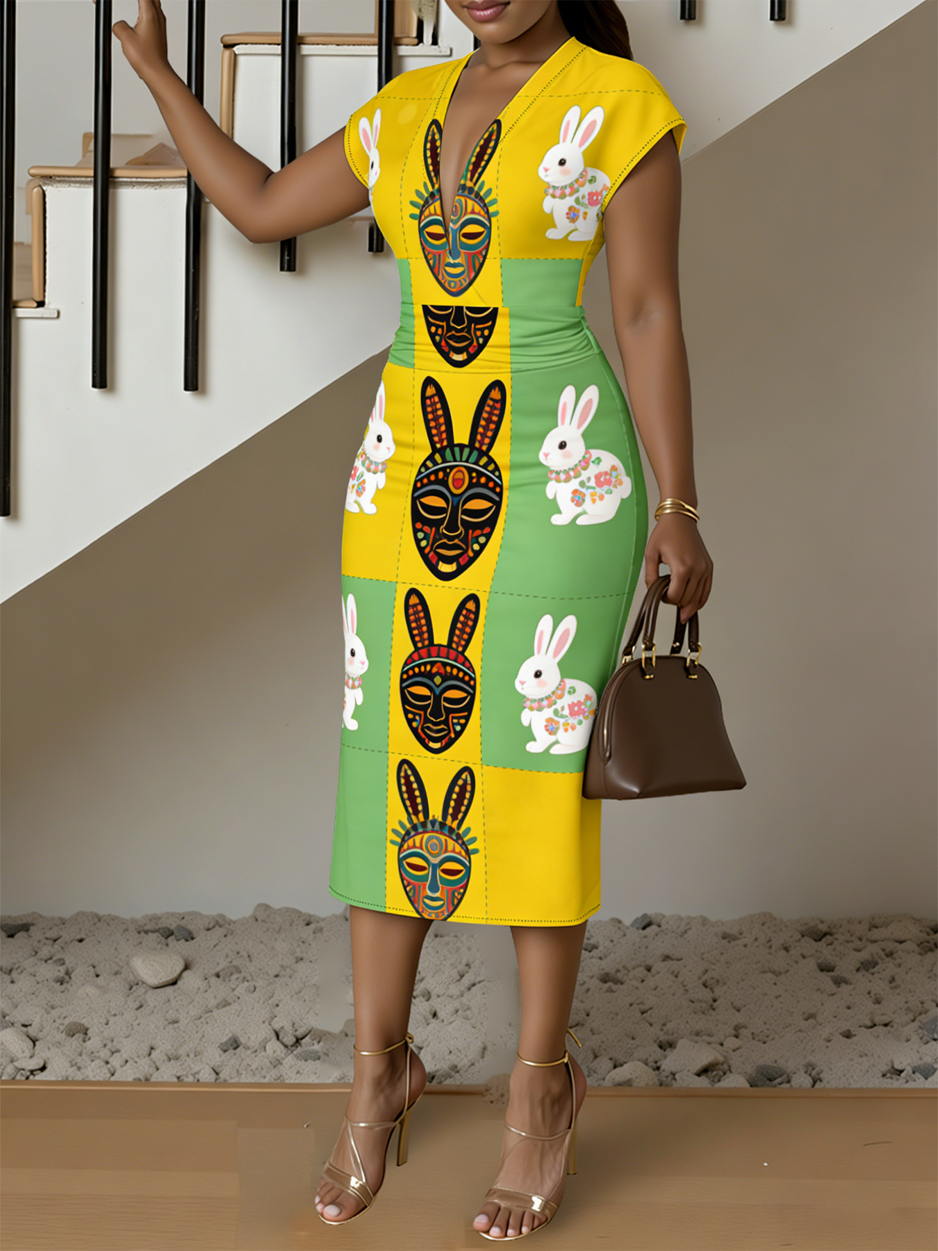 Lady Cap Sleeve V-Neck Midi Dress