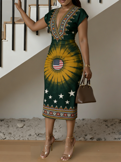 Green & Gold Sunburst Independence Day Cap Sleeve V-Neck Midi Dress