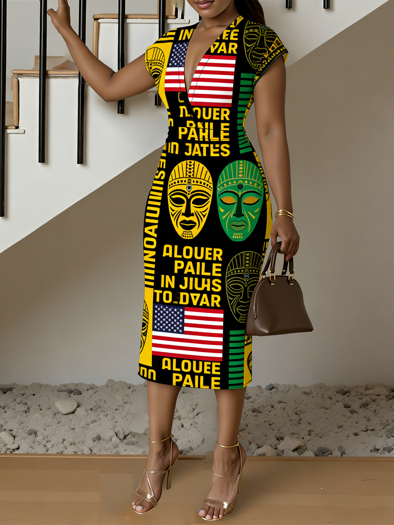 Yellow & Green Tribal Mask Independence Day Cap Sleeve V-Neck Midi Dress