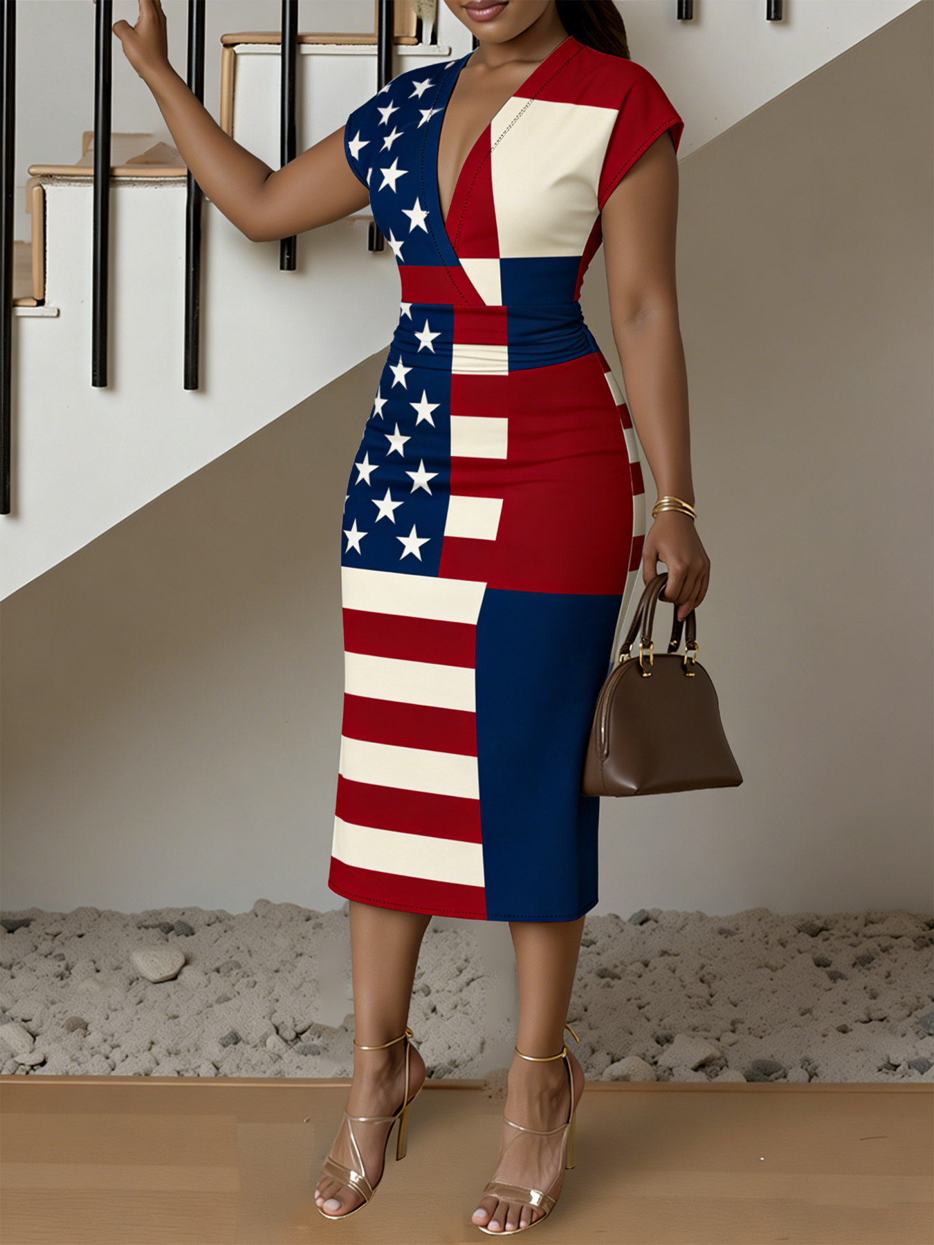 Lady Cap Sleeve V-Neck Midi Dress